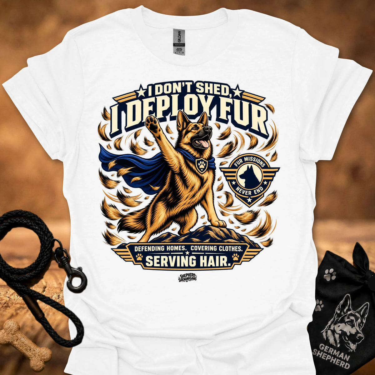 White crew-neck T-shirt with dog "I DON'T SHED DEPLOY FUR" graphic