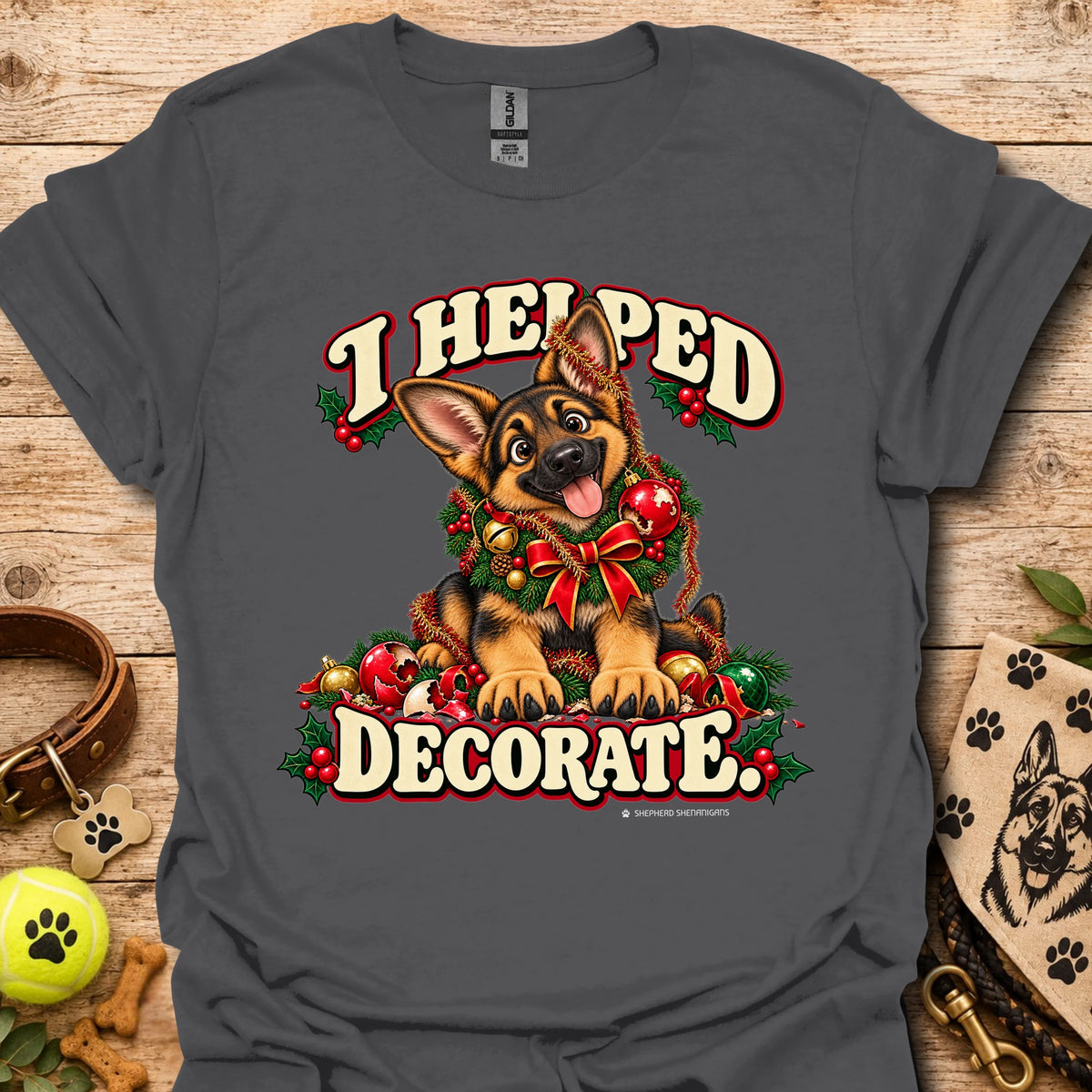 Charcoal T-shirt with festive cartoon dog and holiday text graphic on front