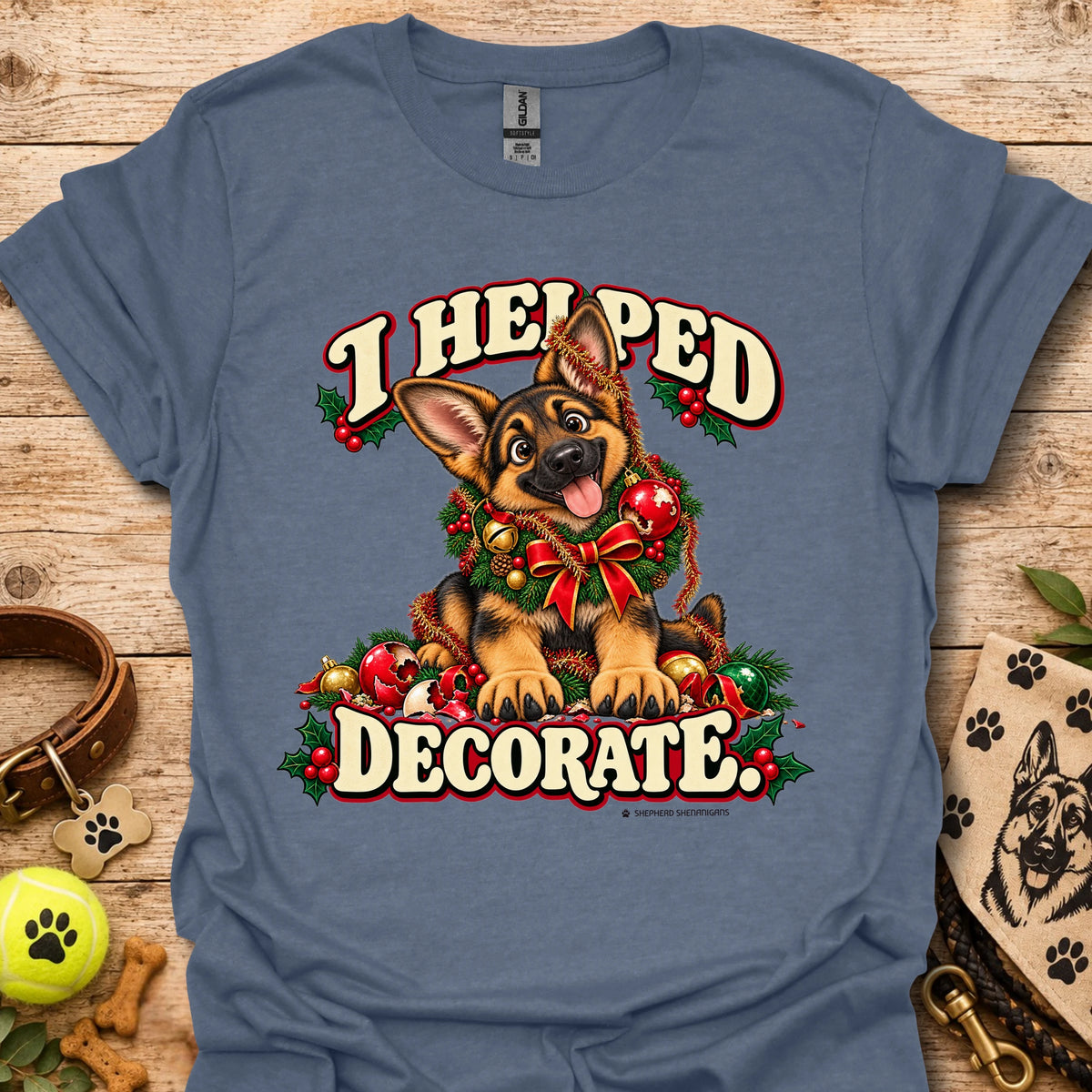 Heather indigo T-shirt with festive cartoon dog and holiday text graphic on front