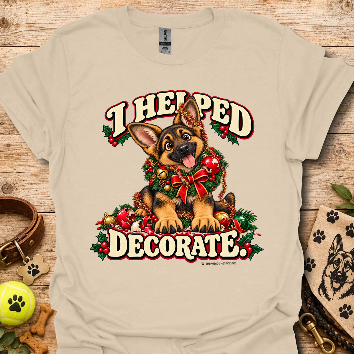 Sand T-shirt with festive cartoon dog and holiday text graphic on front