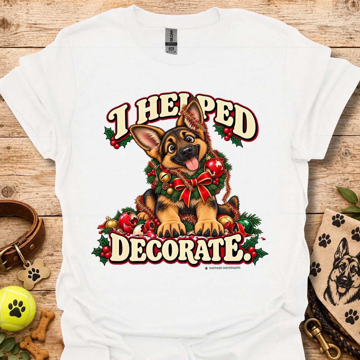 White T-shirt with festive cartoon dog and holiday text graphic on front