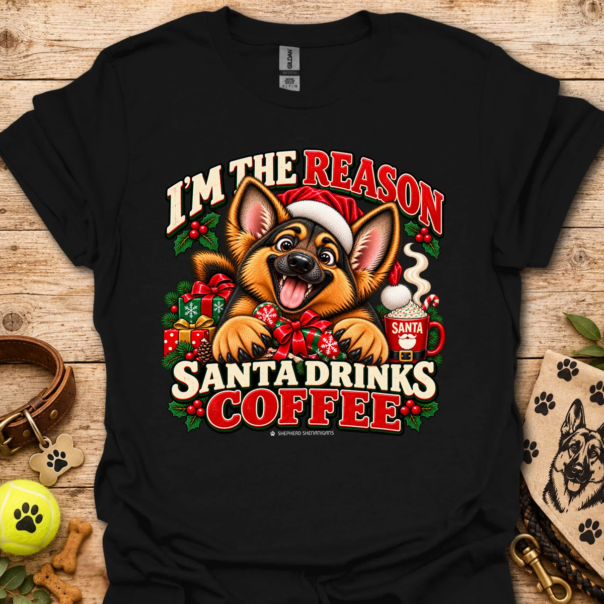 Black unisex Christmas dog graphic T-shirt with Santa coffee print