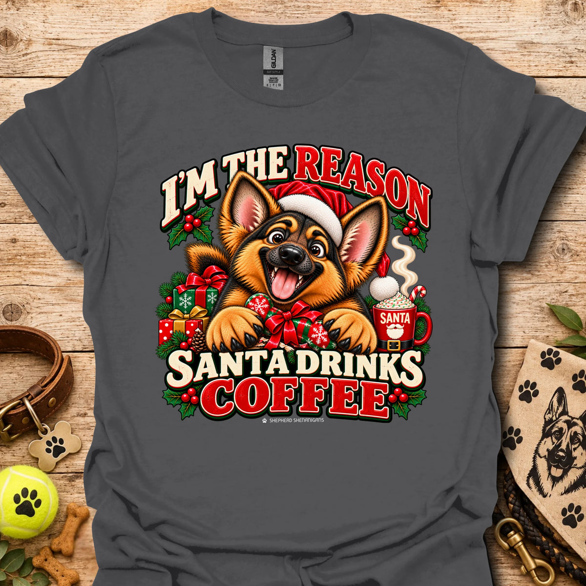 Charcoal unisex Christmas dog graphic T-shirt with Santa coffee print