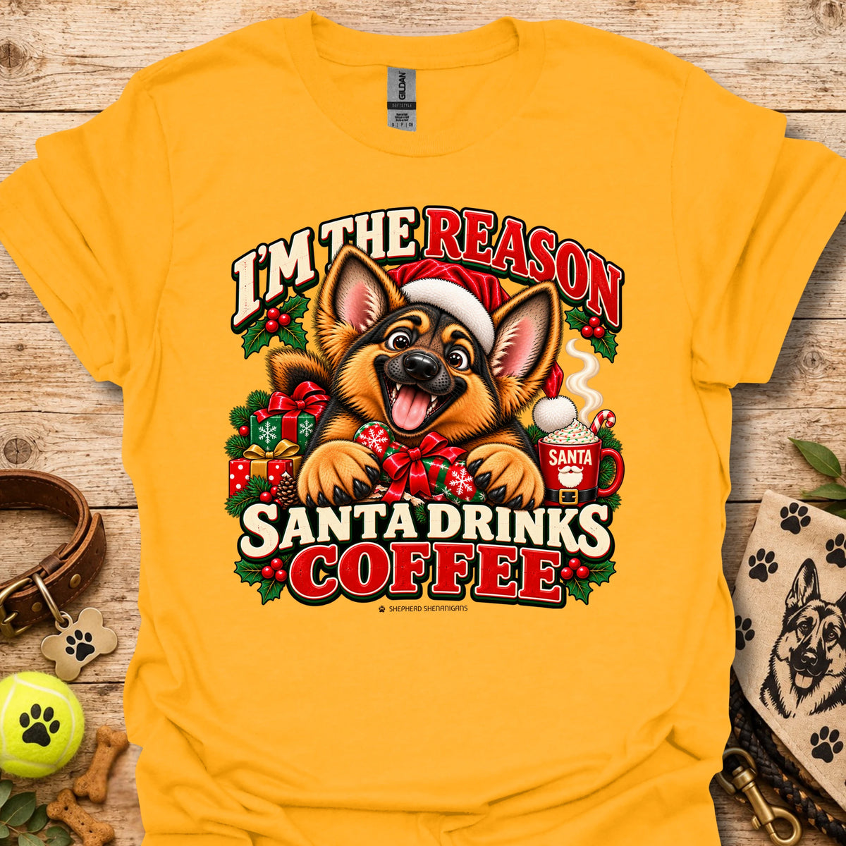 Gold unisex Christmas dog graphic T-shirt with Santa coffee print