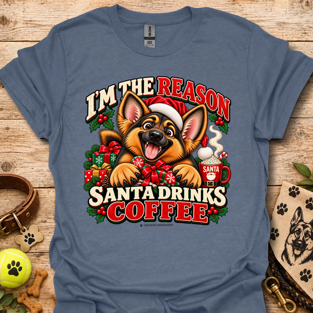 Heather blue unisex Christmas dog graphic T-shirt with Santa coffee print