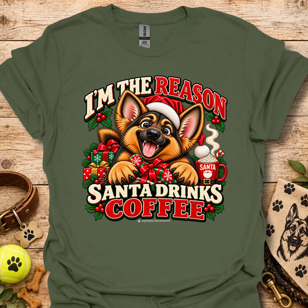 Military green unisex Christmas dog graphic T-shirt with Santa coffee print