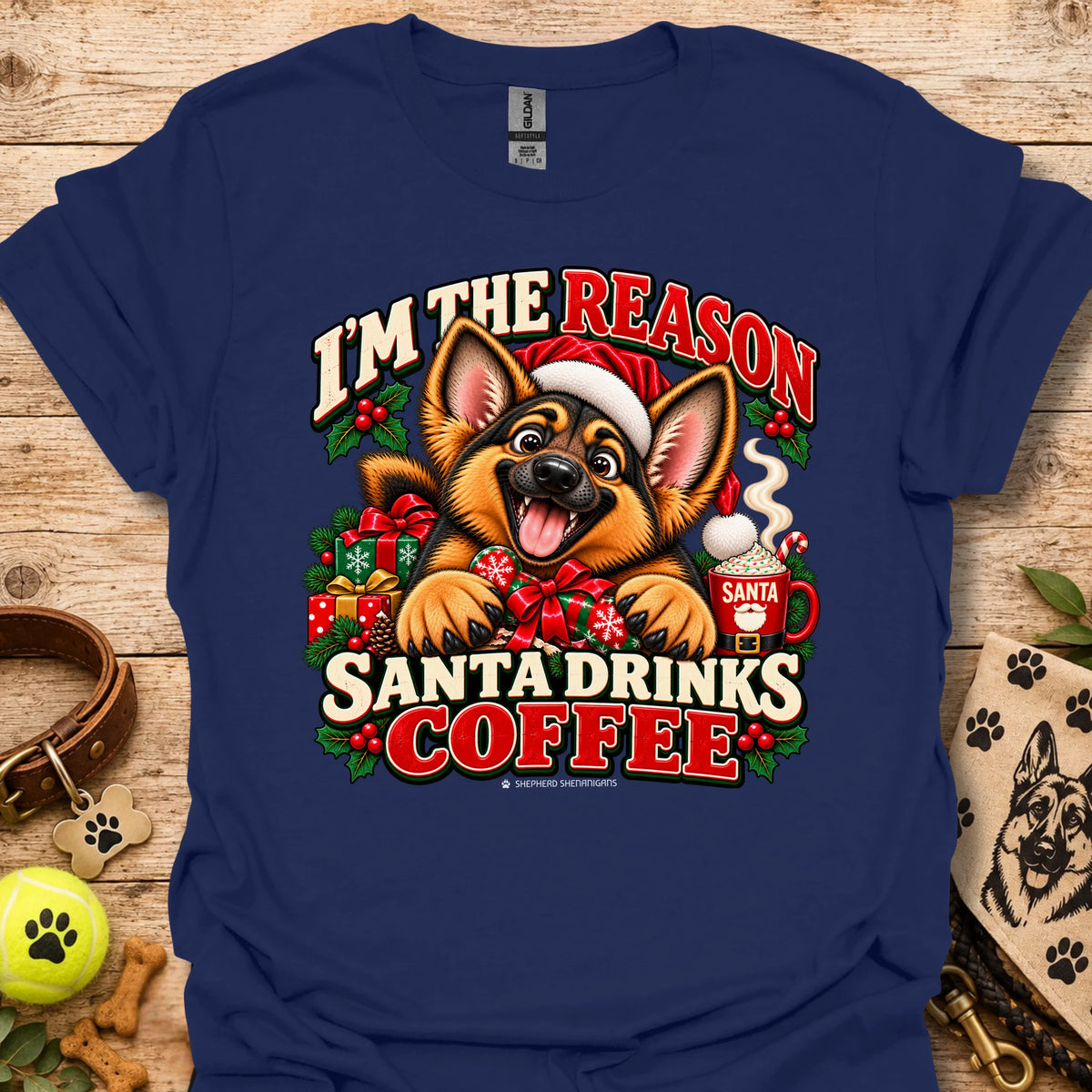 Navy unisex Christmas dog graphic T-shirt with Santa coffee print