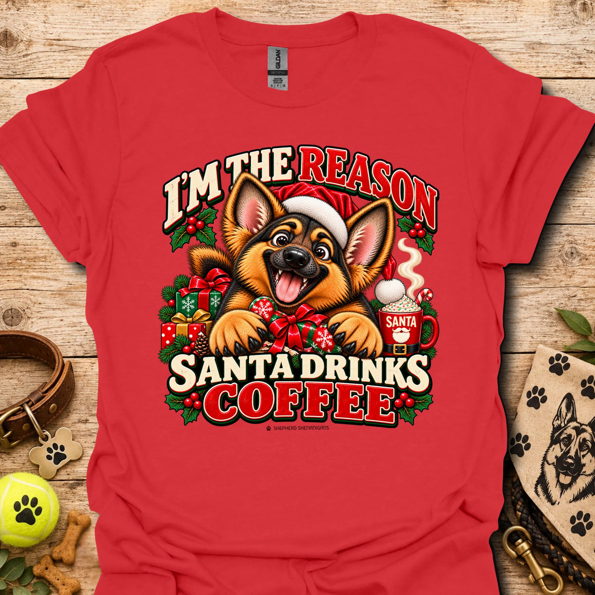Red unisex Christmas dog graphic T-shirt with Santa coffee print
