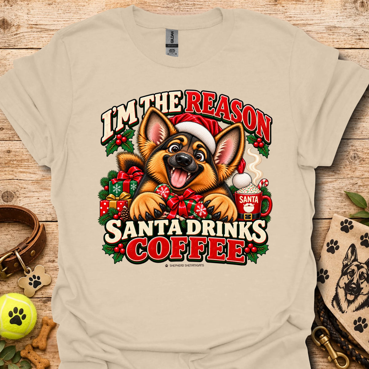 Sand unisex Christmas dog graphic T-shirt with Santa coffee print