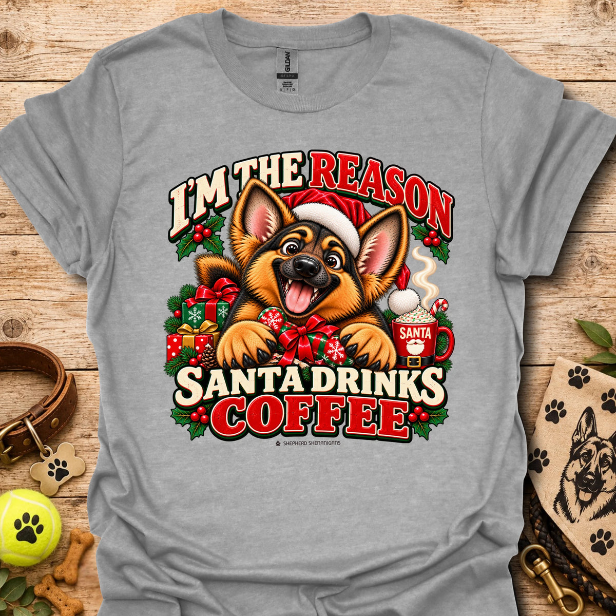 Heather gray unisex Christmas dog graphic T-shirt with Santa coffee print