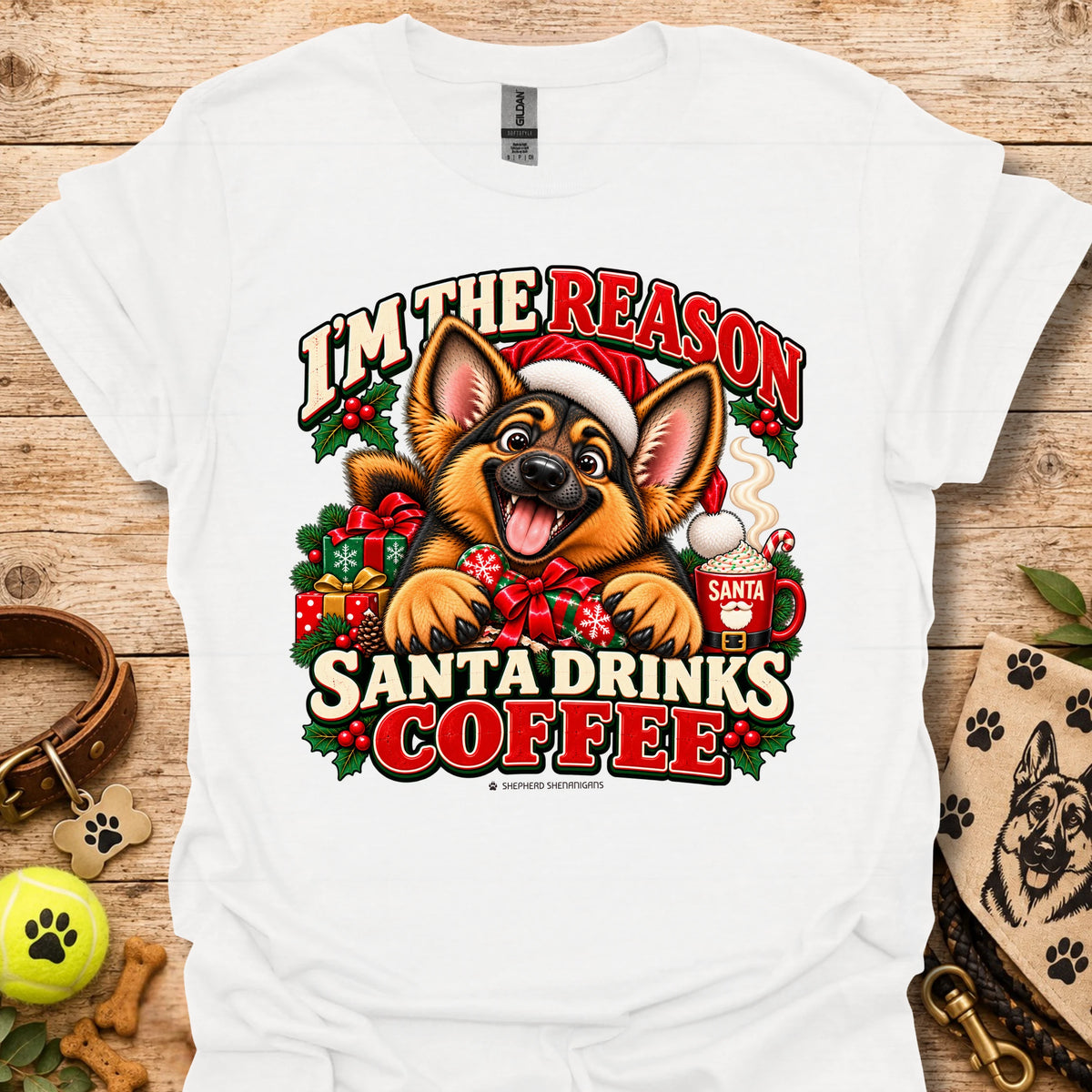 White unisex Christmas dog graphic T-shirt with Santa coffee print