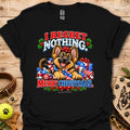 Dog Christmas graphic t-shirt, black with colorful “I REGRET NOTHING” and “MERRY CHRISTMAS”