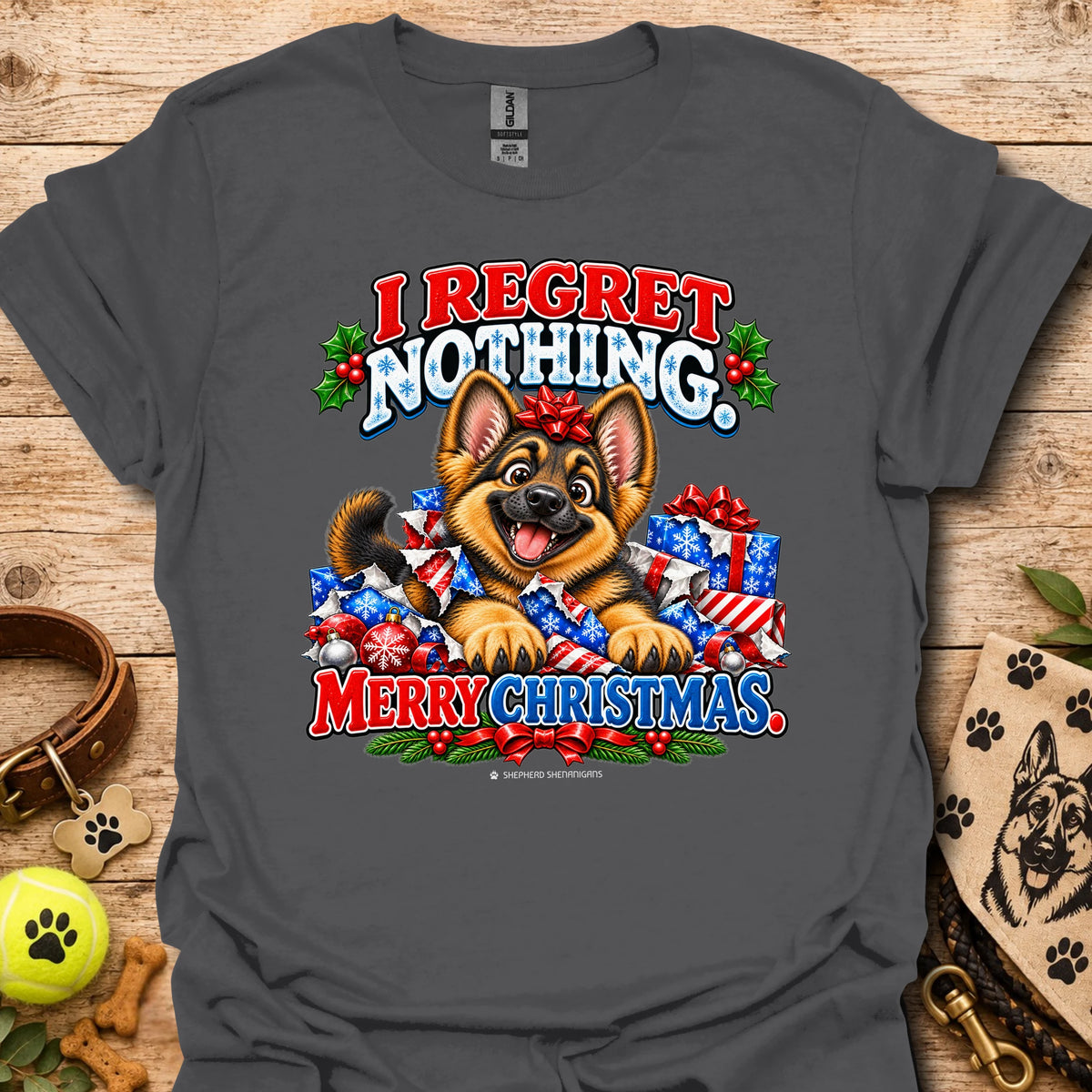 Dog Christmas graphic t-shirt, dark gray with colorful “I REGRET NOTHING” and “MERRY CHRISTMAS”