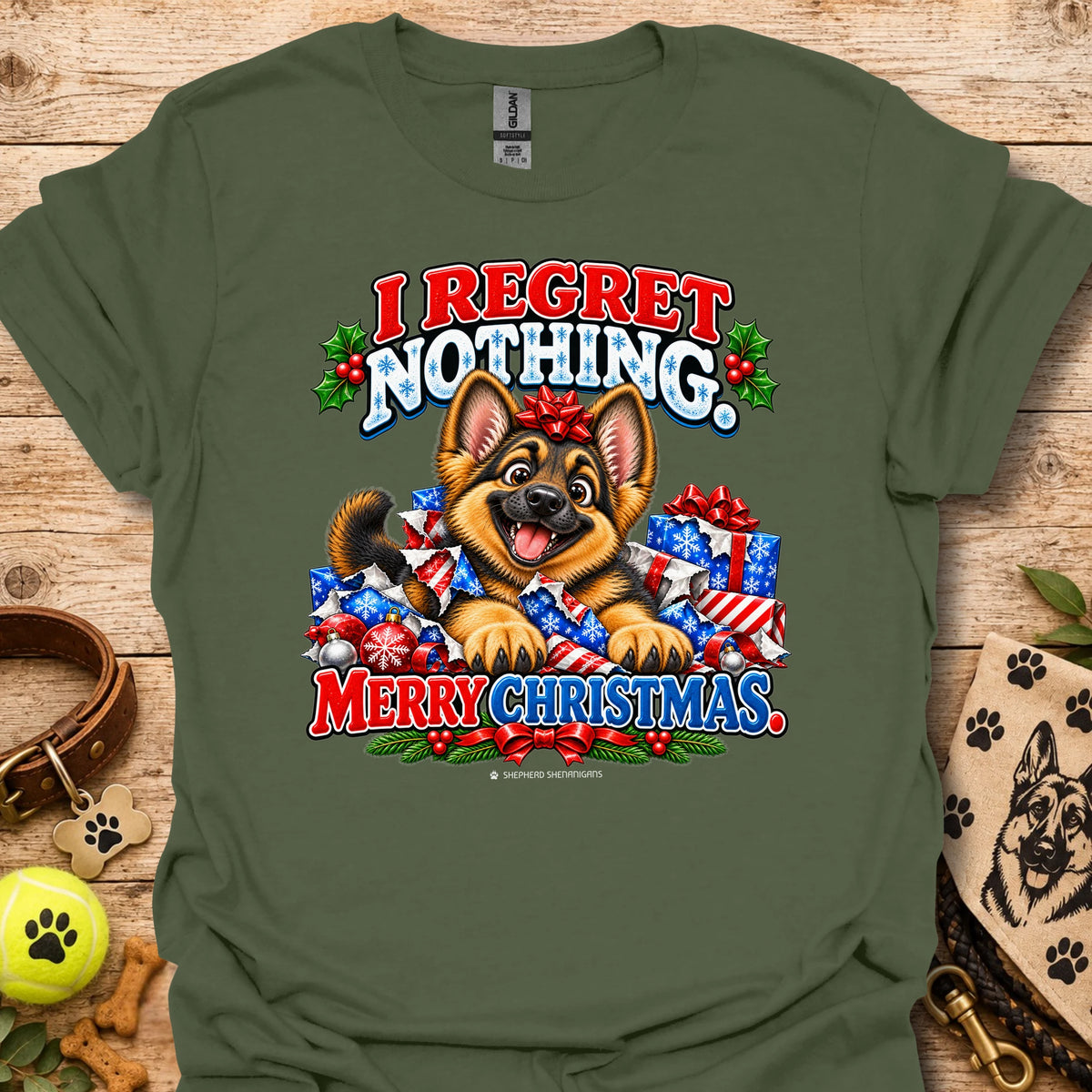 Dog Christmas graphic t-shirt, military green with colorful “I REGRET NOTHING” and “MERRY CHRISTMAS”