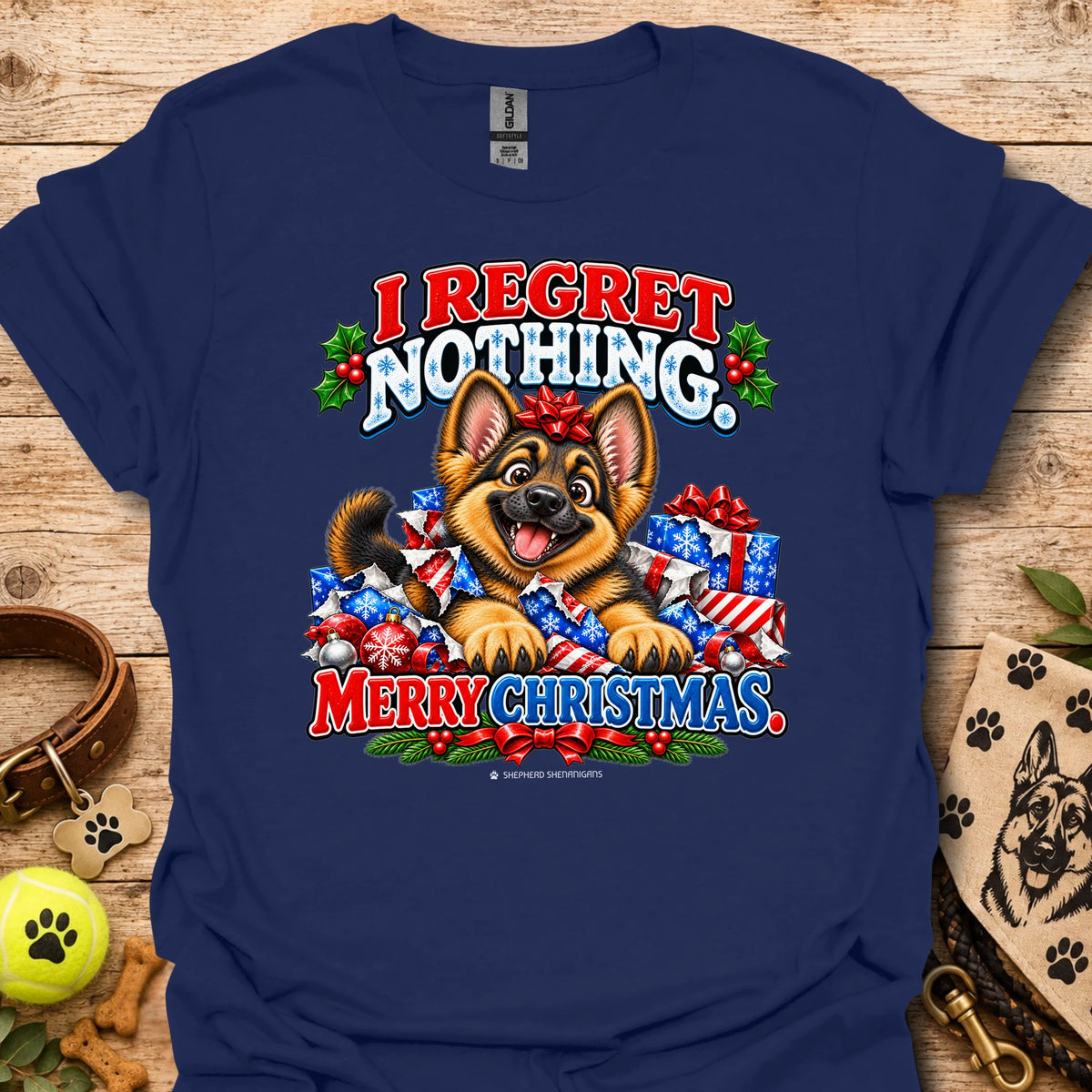 Dog Christmas graphic t-shirt, navy blue with colorful “I REGRET NOTHING” and “MERRY CHRISTMAS”