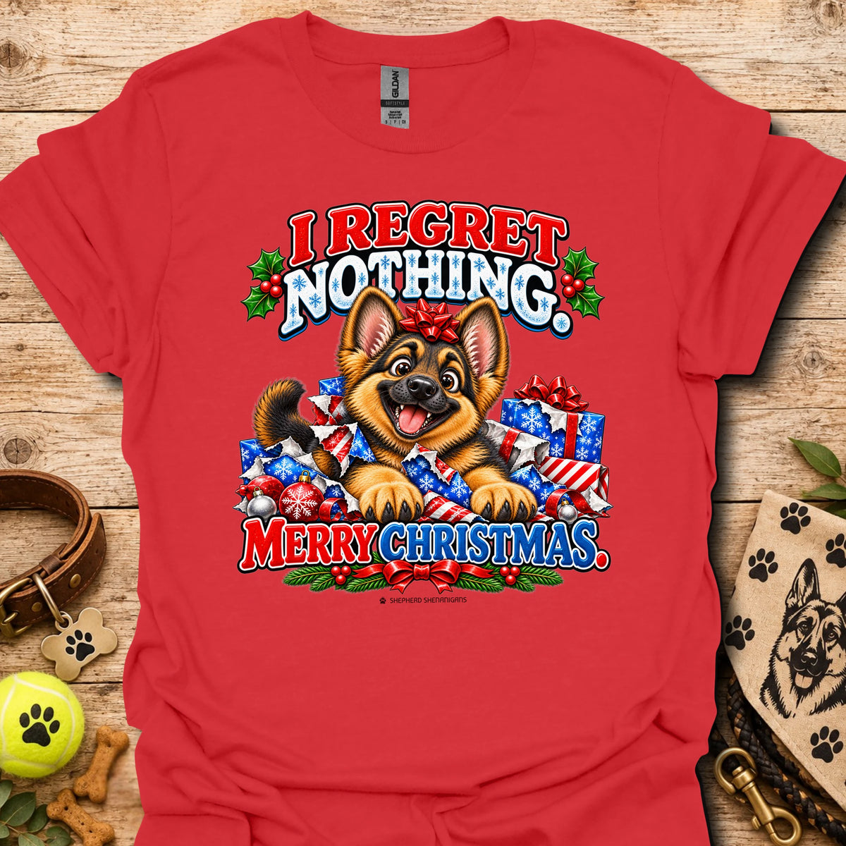 Dog Christmas graphic t-shirt, red with colorful “I REGRET NOTHING” and “MERRY CHRISTMAS”