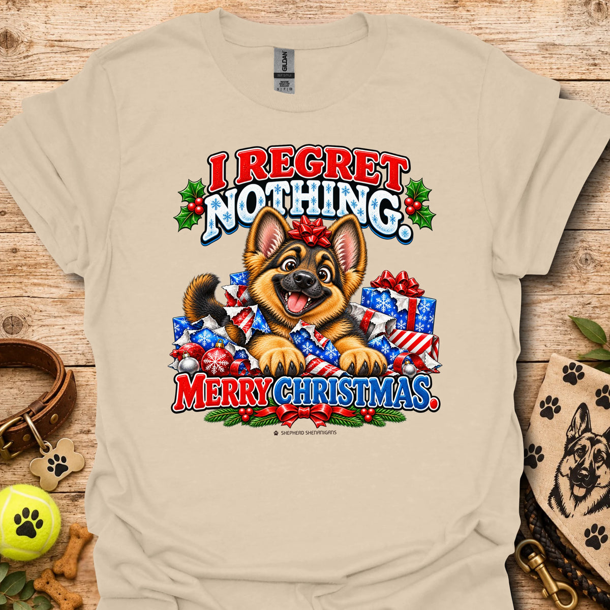 Dog Christmas graphic t-shirt, sand/beige with colorful “I REGRET NOTHING” and “MERRY CHRISTMAS”