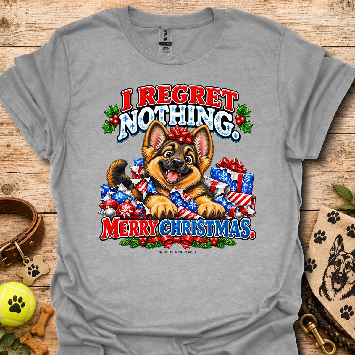 Dog Christmas graphic t-shirt, heather gray with colorful “I REGRET NOTHING” and “MERRY CHRISTMAS”
