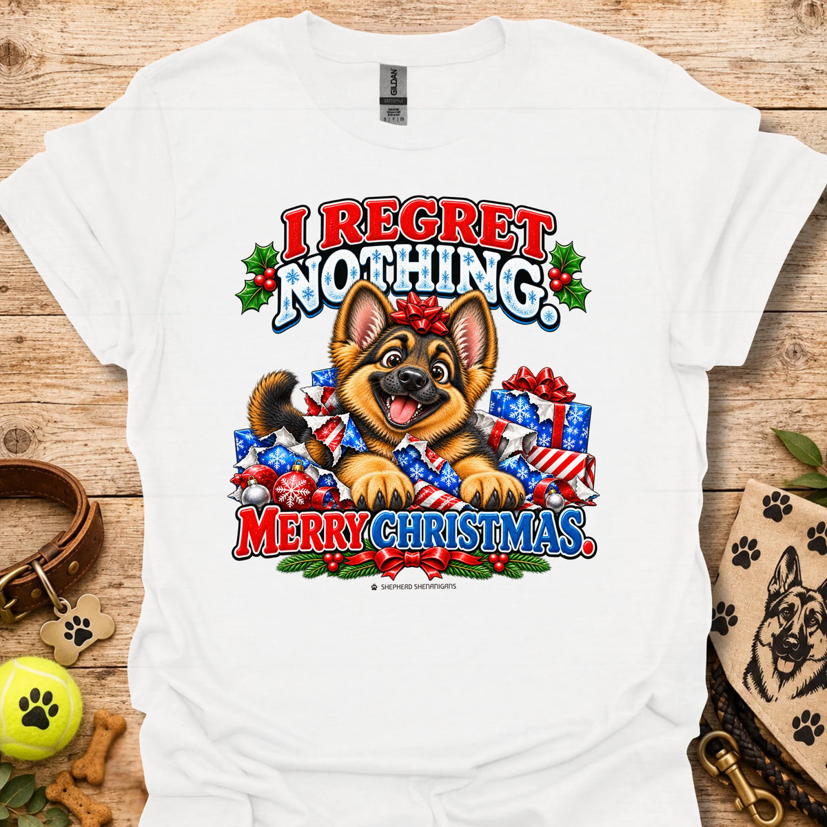 Dog Christmas graphic t-shirt, white with colorful “I REGRET NOTHING” and “MERRY CHRISTMAS”