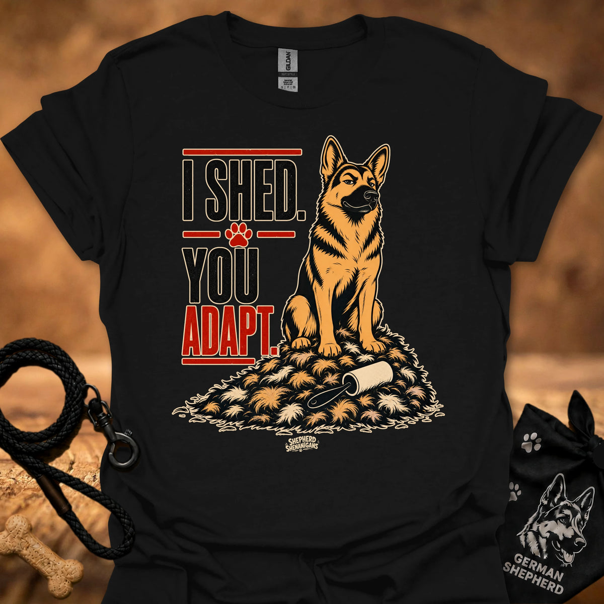 Black crewneck t-shirt with German shepherd graphic and 'I SHED YOU ADAPT' text