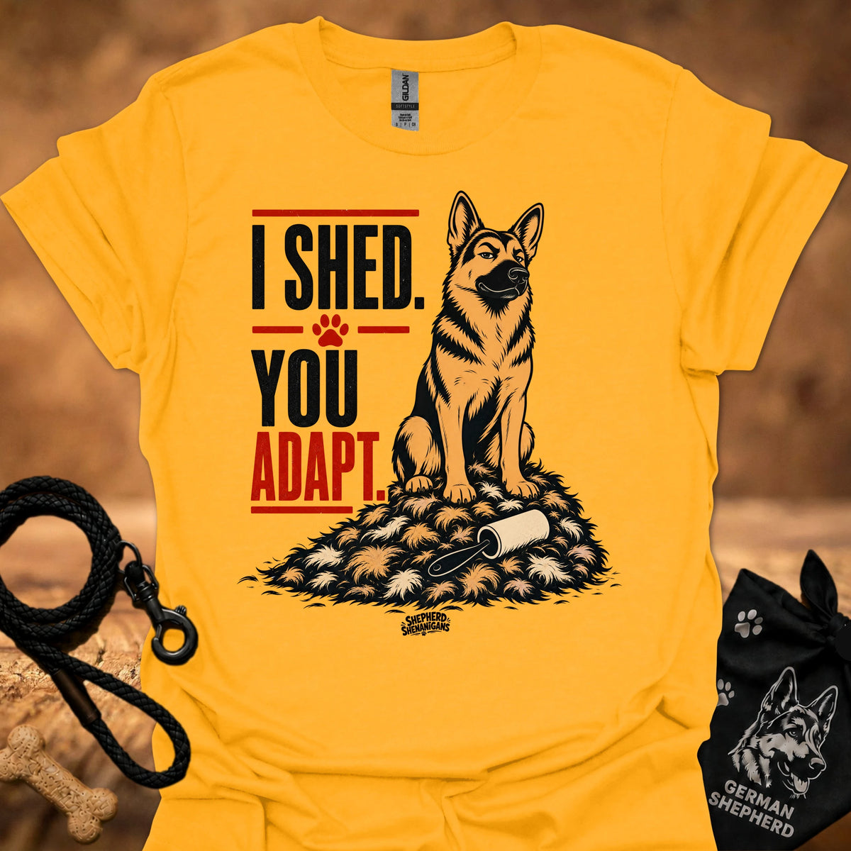 Yellow crewneck t-shirt with German shepherd graphic and 'I SHED YOU ADAPT' text