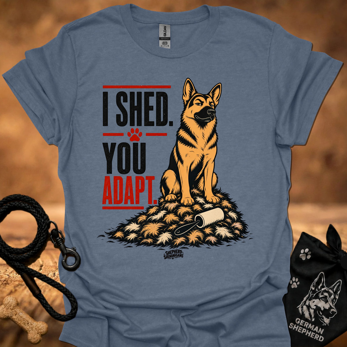 Steel blue crewneck t-shirt with German shepherd graphic and 'I SHED YOU ADAPT' text
