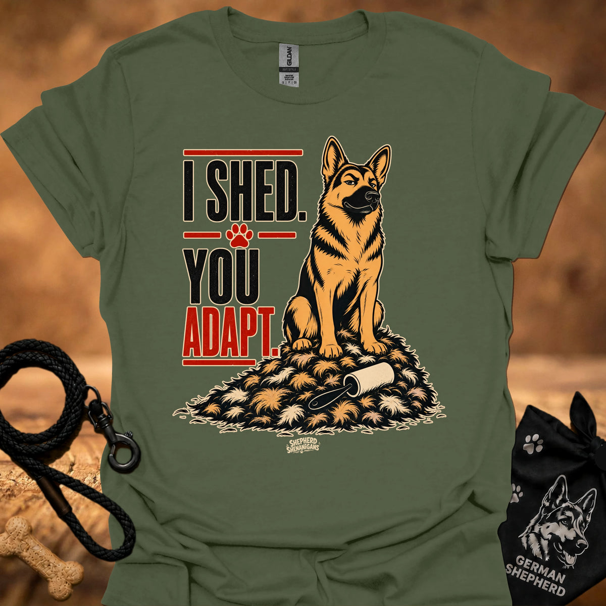 Olive green crewneck t-shirt with German shepherd graphic and 'I SHED YOU ADAPT' text