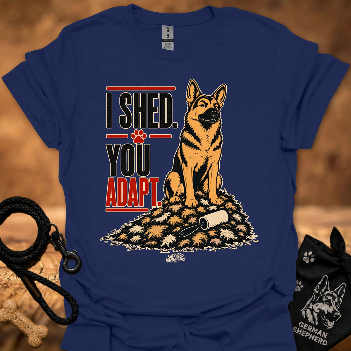 Blue crewneck t-shirt with German shepherd graphic and 'I SHED YOU ADAPT' text