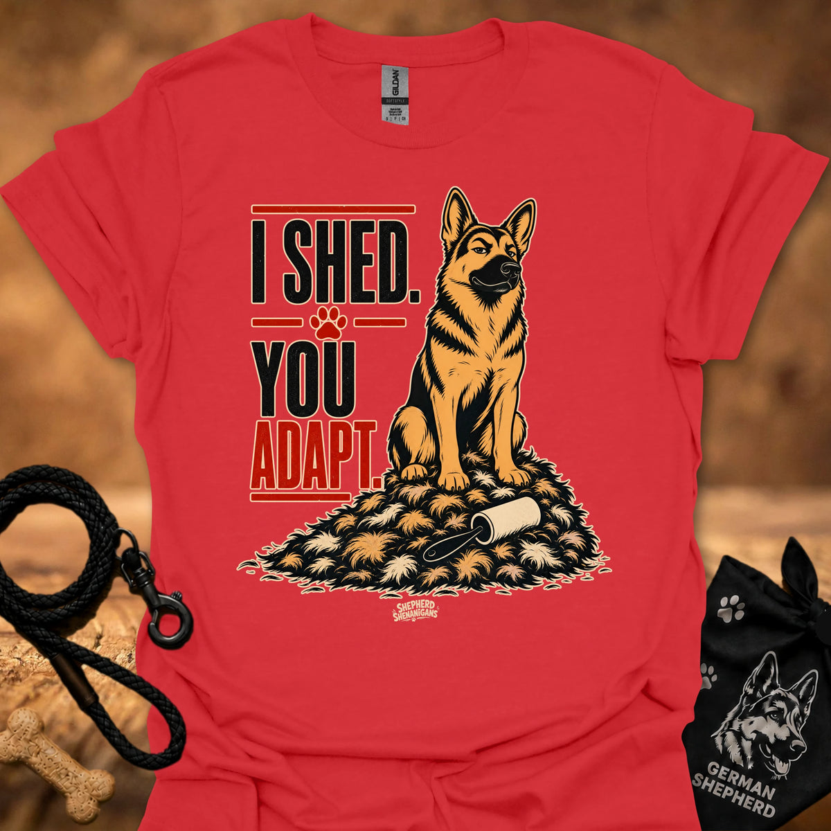 Red crewneck t-shirt with German shepherd graphic and 'I SHED YOU ADAPT' text