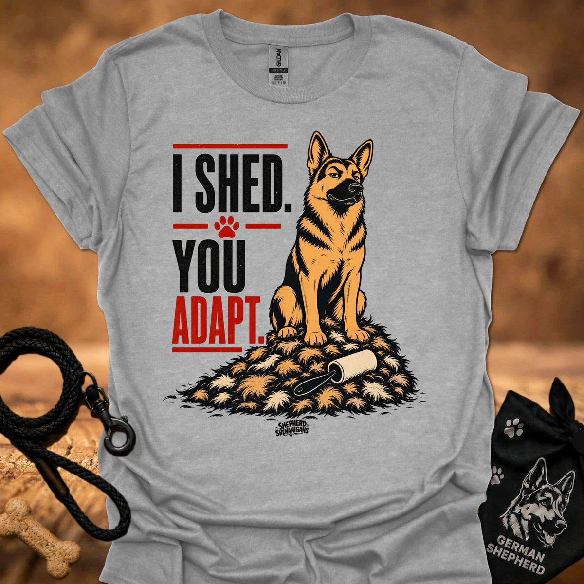 Light gray crewneck t-shirt with German shepherd graphic and 'I SHED YOU ADAPT' text