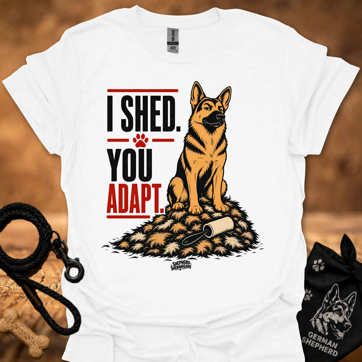 White crewneck t-shirt with German shepherd graphic and 'I SHED YOU ADAPT' text