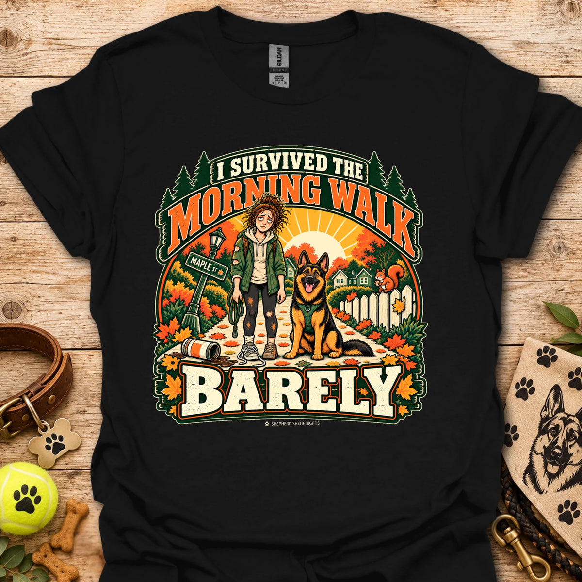 Black t-shirt with "I Survived The Morning Walk" and "Barley" graphic