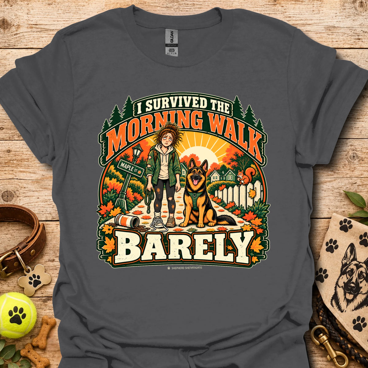 Dark gray t-shirt with "I Survived The Morning Walk" and "Barley" graphic