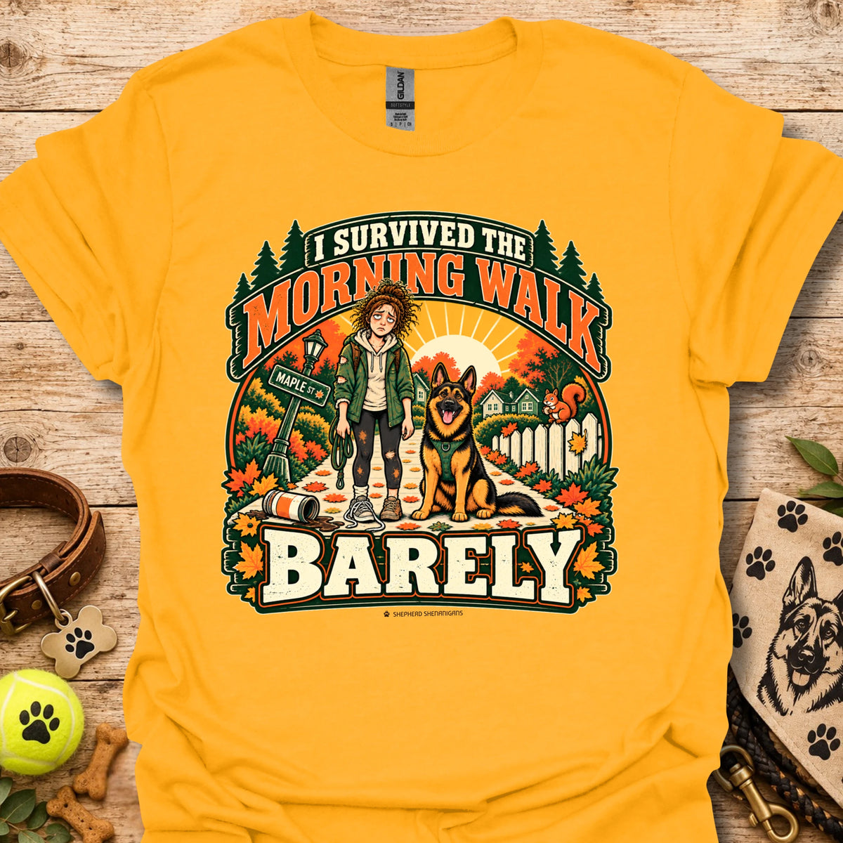 Mustard yellow t-shirt with "I Survived The Morning Walk" and "Barley" graphic