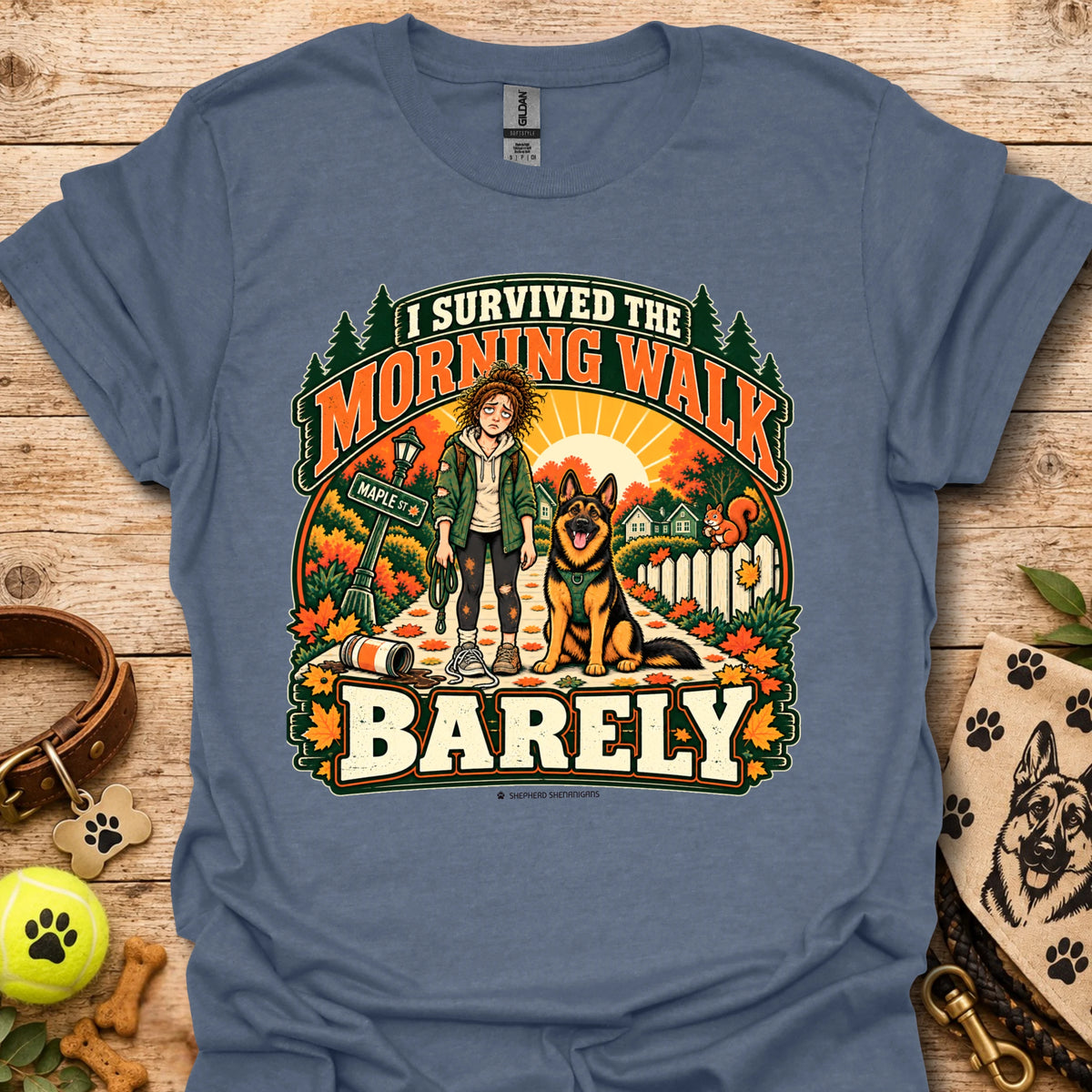 Blue t-shirt with "I Survived The Morning Walk" and "Barley" graphic