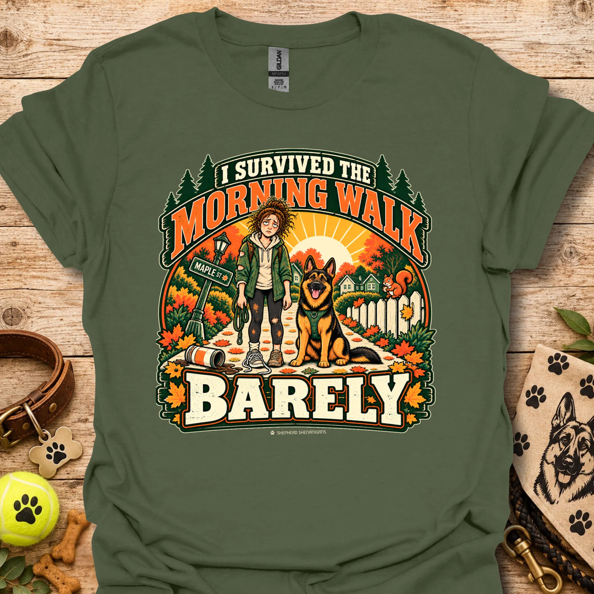 Olive green t-shirt with "I Survived The Morning Walk" and "Barley" graphic