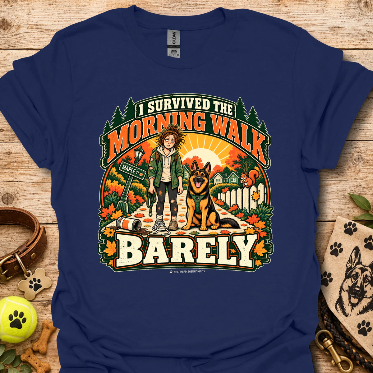 Navy t-shirt with "I Survived The Morning Walk" and "Barley" graphic