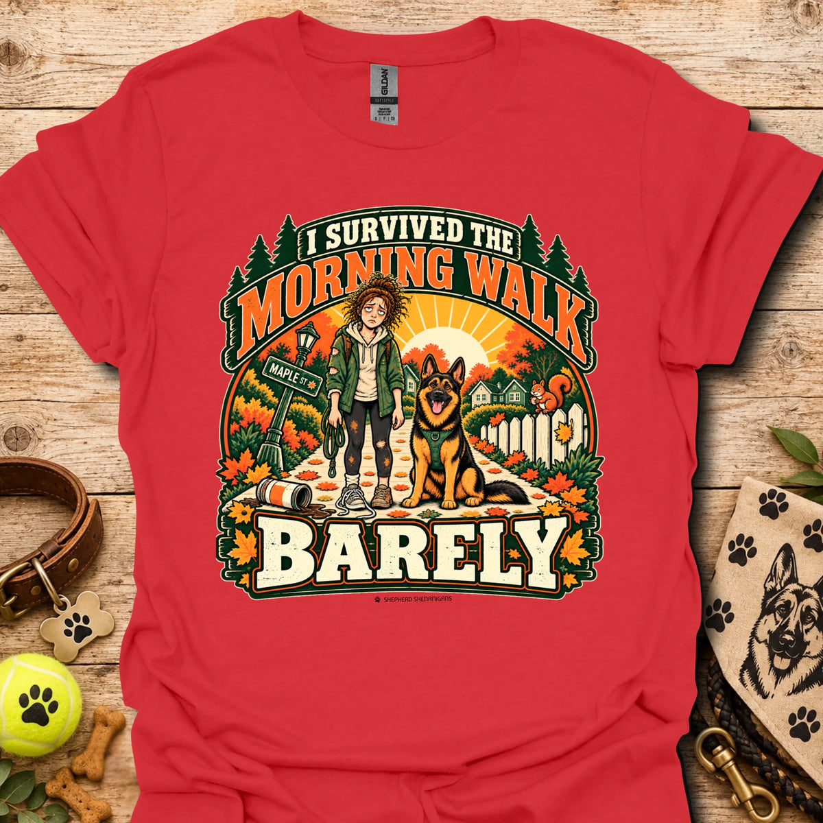Red t-shirt with "I Survived The Morning Walk" and "Barley" graphic
