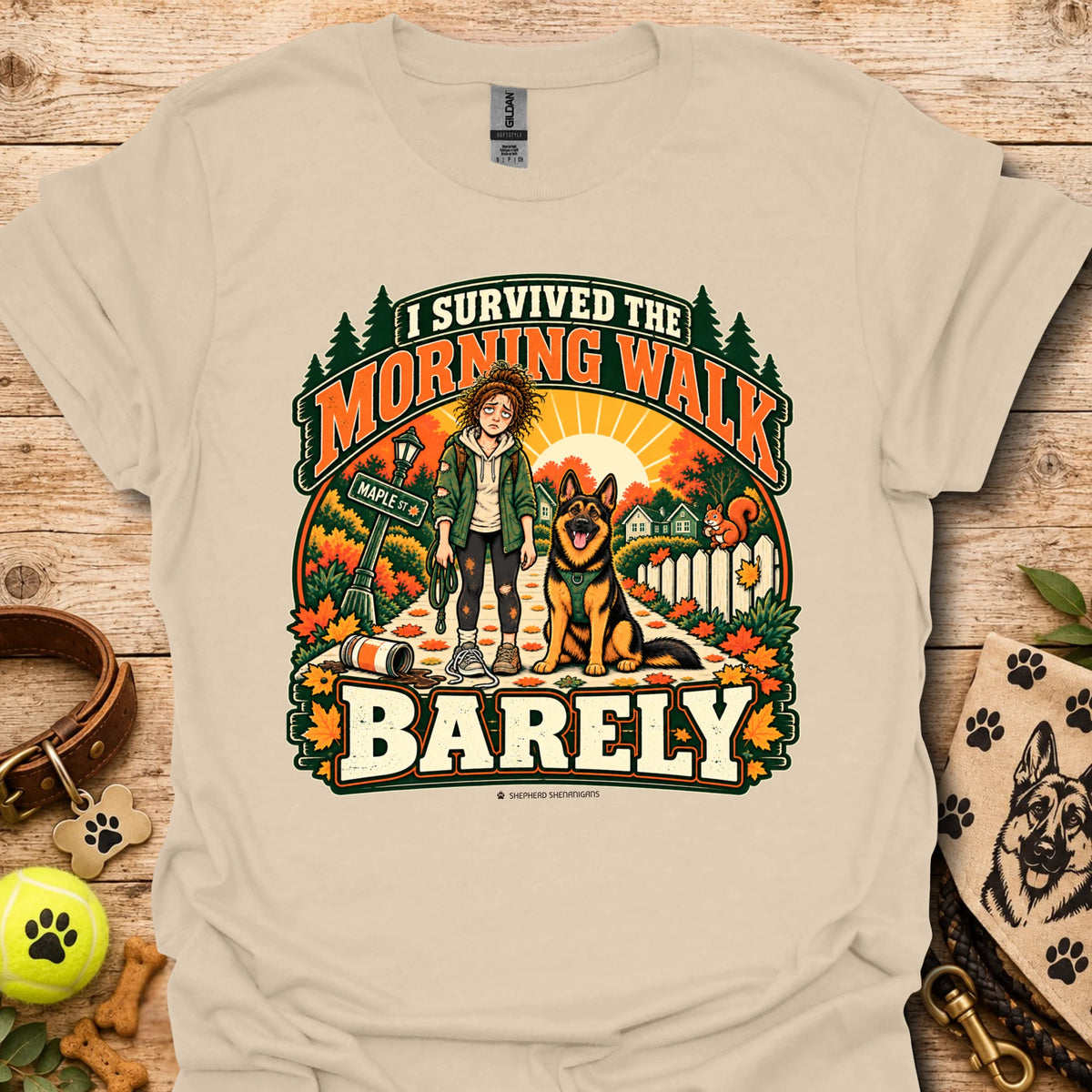 Light sand t-shirt with "I Survived The Morning Walk" and "Barley" graphic