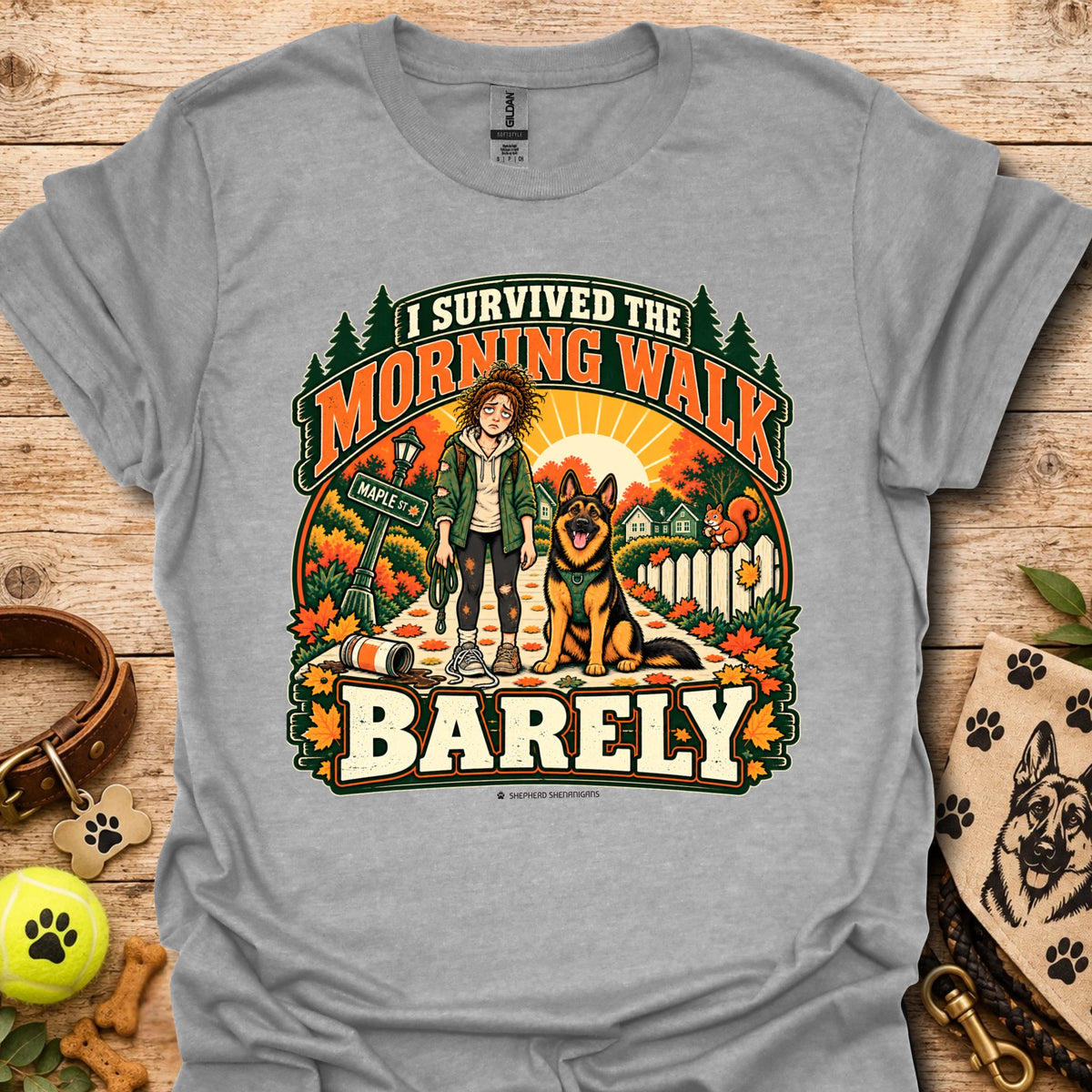 Heather gray t-shirt with "I Survived The Morning Walk" and "Barley" graphic