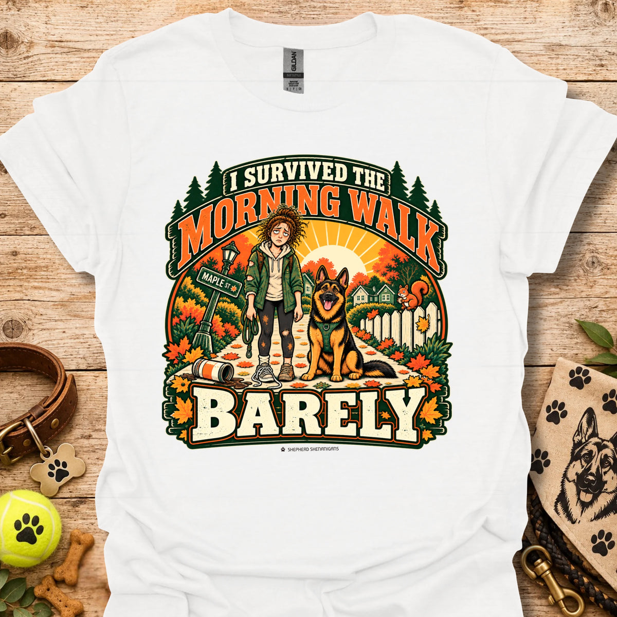 White t-shirt with "I Survived The Morning Walk" and "Barley" graphic