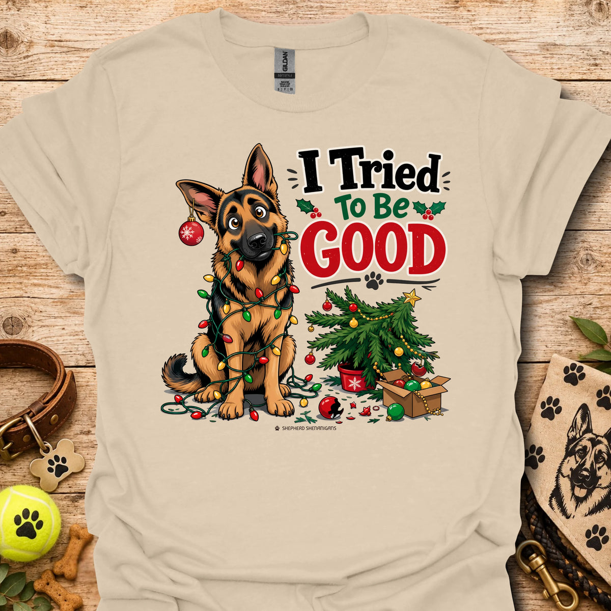 Sand T-shirt with cartoon German shepherd and “I Tried To Be Good” holiday graphic