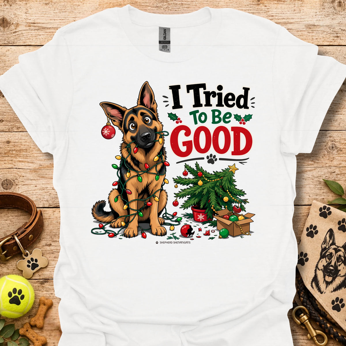 White T-shirt with cartoon German shepherd and “I Tried To Be Good” holiday graphic