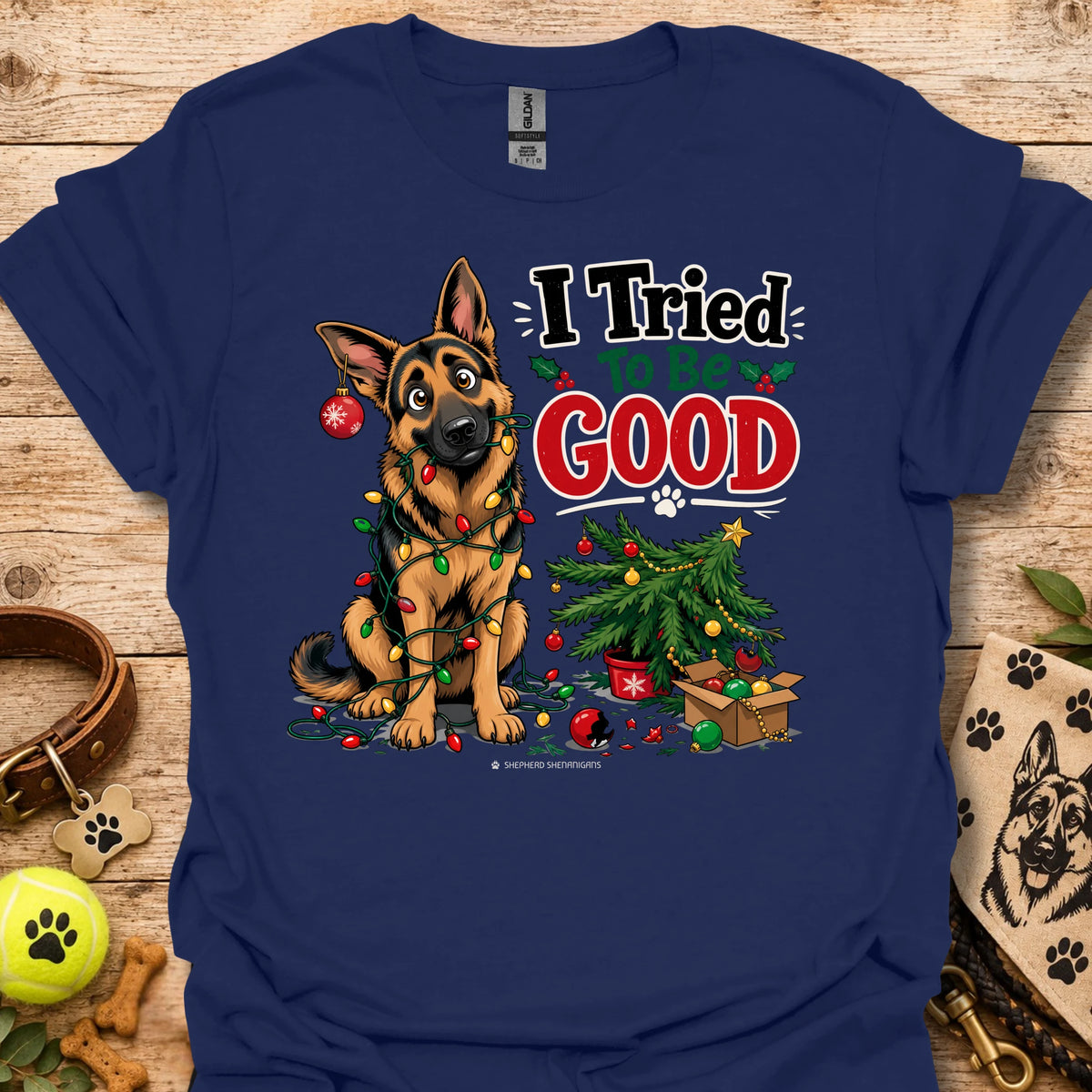 Navy T-shirt with cartoon German shepherd and “I Tried To Be Good” holiday graphic