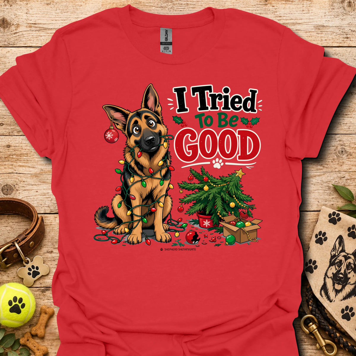 Red T-shirt with cartoon German shepherd and “I Tried To Be Good” holiday graphic