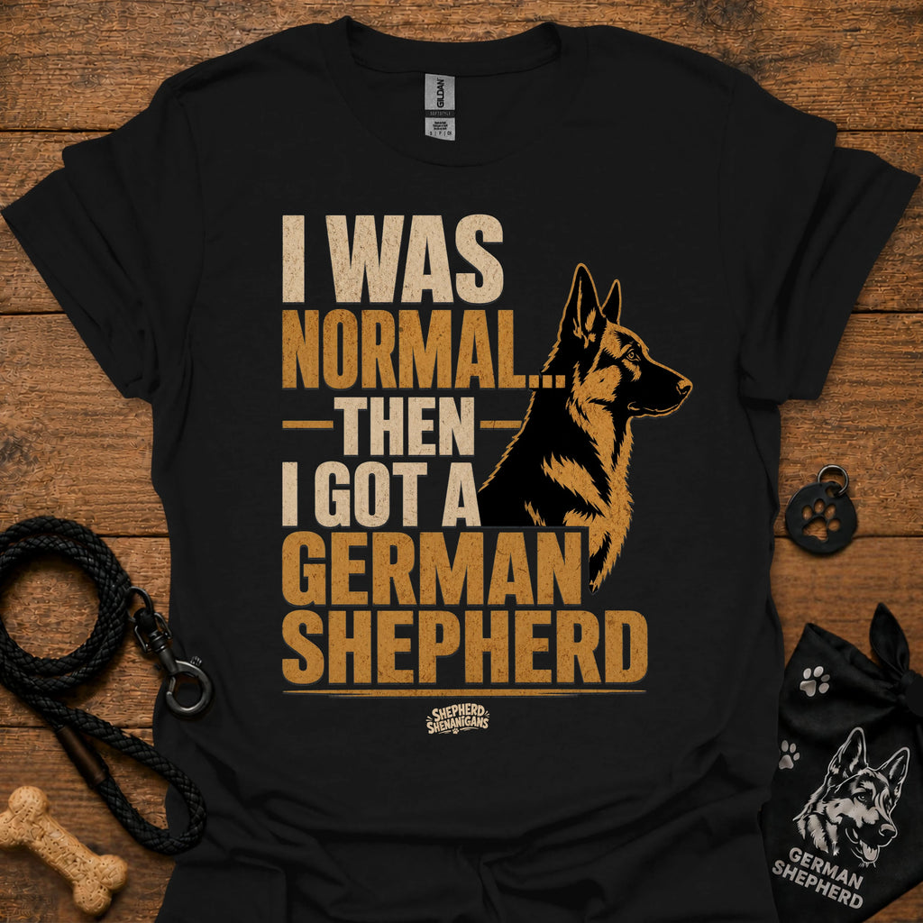Black graphic T-shirt with German Shepherd portrait and bold text on front