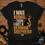 Black graphic T-shirt with German Shepherd portrait and bold text on front