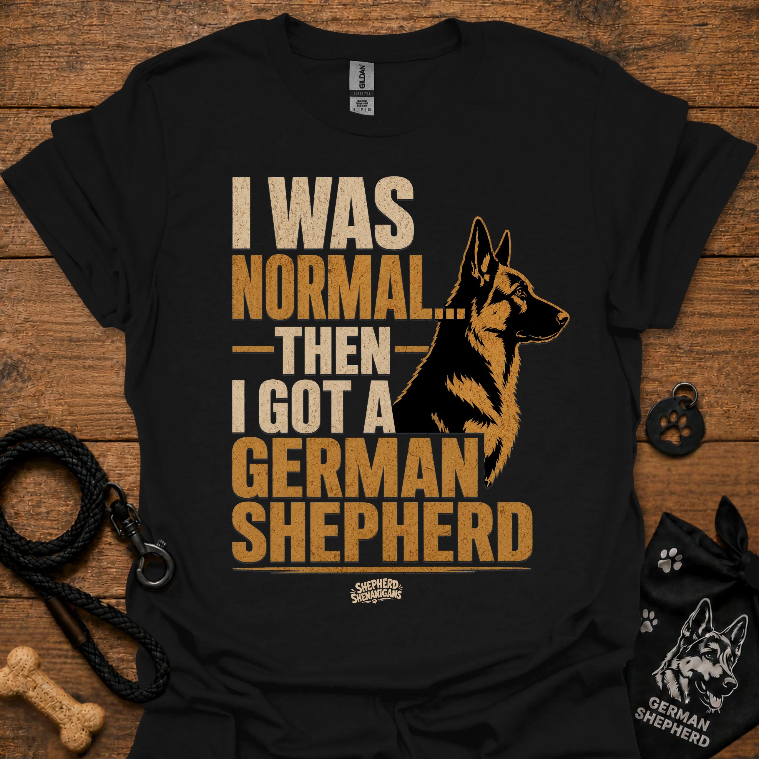 Black graphic T-shirt with German Shepherd portrait and bold text on front