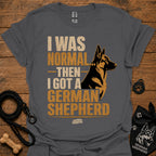 Charcoal graphic T-shirt with German Shepherd portrait and bold text on front