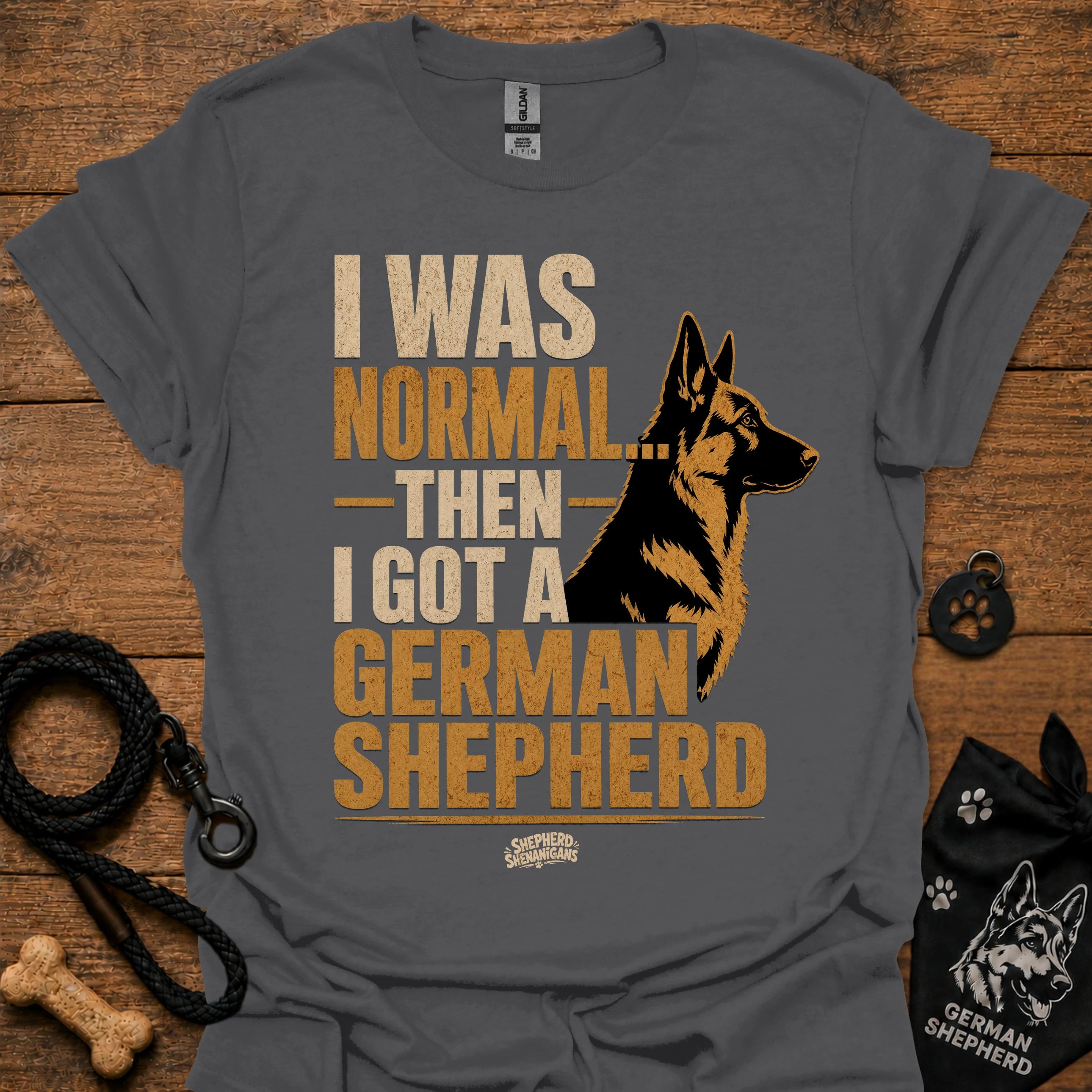Charcoal graphic T-shirt with German Shepherd portrait and bold text on front
